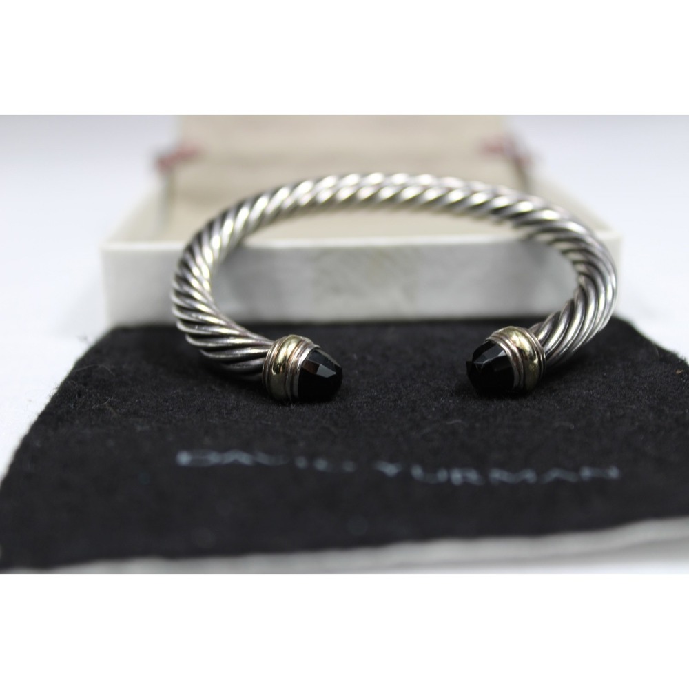 David Yurman 5mm Cable Sterling Silver Black Onyx and 14K Yellow Gold Bracelet M